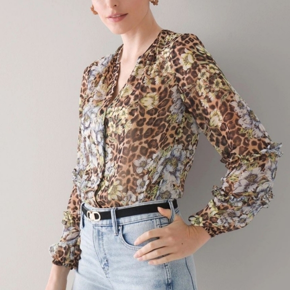 White House Black Market Tops - White House Black Market Leopard Floral Chiffon Blouse M